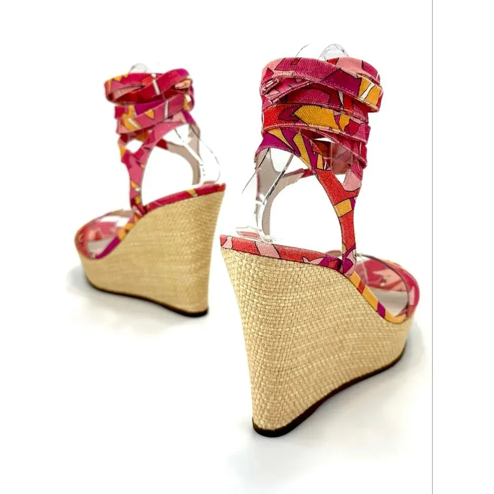 Emilio Pucci Vintage Y2K Wedge Sandal Size 10/40 Pink Multicolor Designer Italy